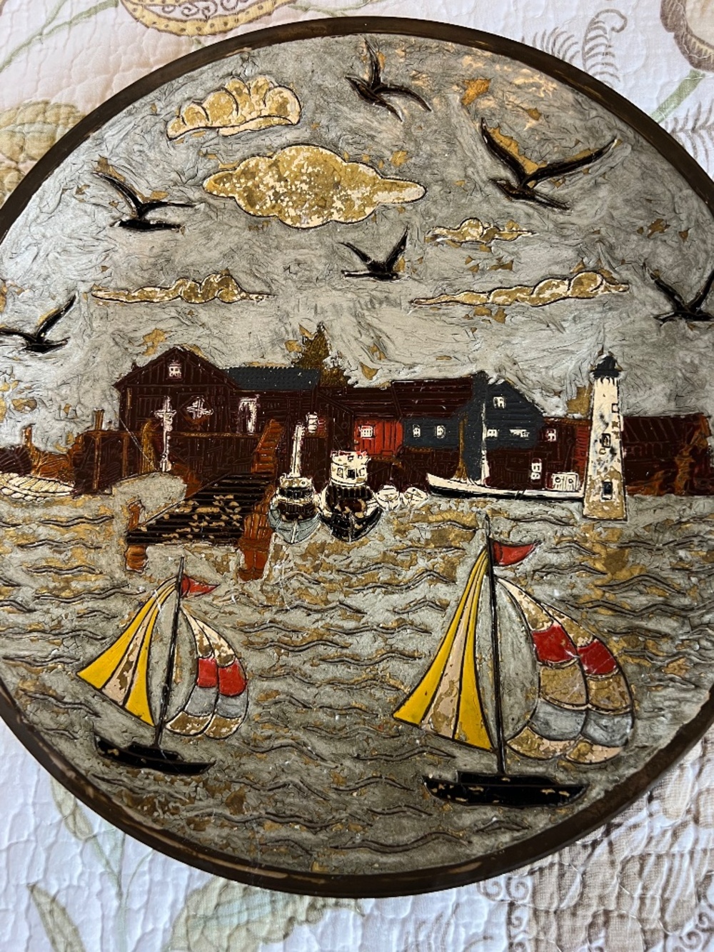 Penco Industries India Brass and Cloisonne Plate with Ocean Scene Boats Port